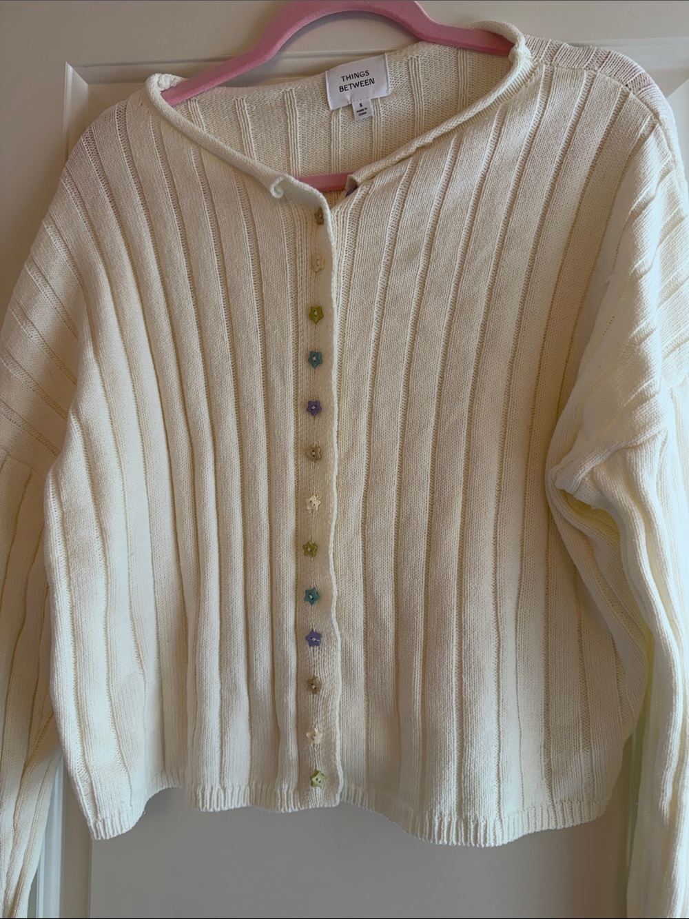 Things Between Cream Ribbed Button Cardigan with Colorful Accents